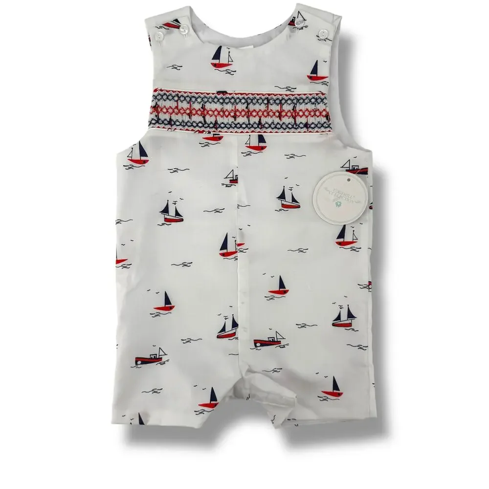 Edgehill Collection Smocked Jon Jon Romper Baby Boy Size 3 Mo Nautical Sail Boat